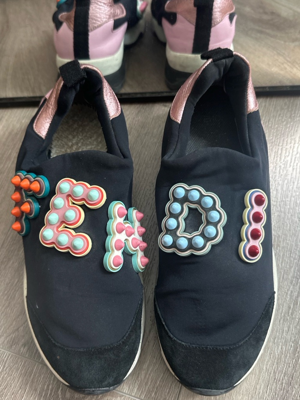 Fendi Fun Fair Rainbow Studded Logo Slip-On Sneakers - Black & Pink